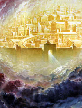 ...me mostró la gran ciudad santa de Jerusalén, que descendía del cielo, de Dios, teniendo la gloria de Dios. Y su fulgor era semejante al de una piedra preciosísima, como piedra de jaspe, diáfana como el cristal....la gloria de Dios la ilumina, y el Cordero es su lumbrera.